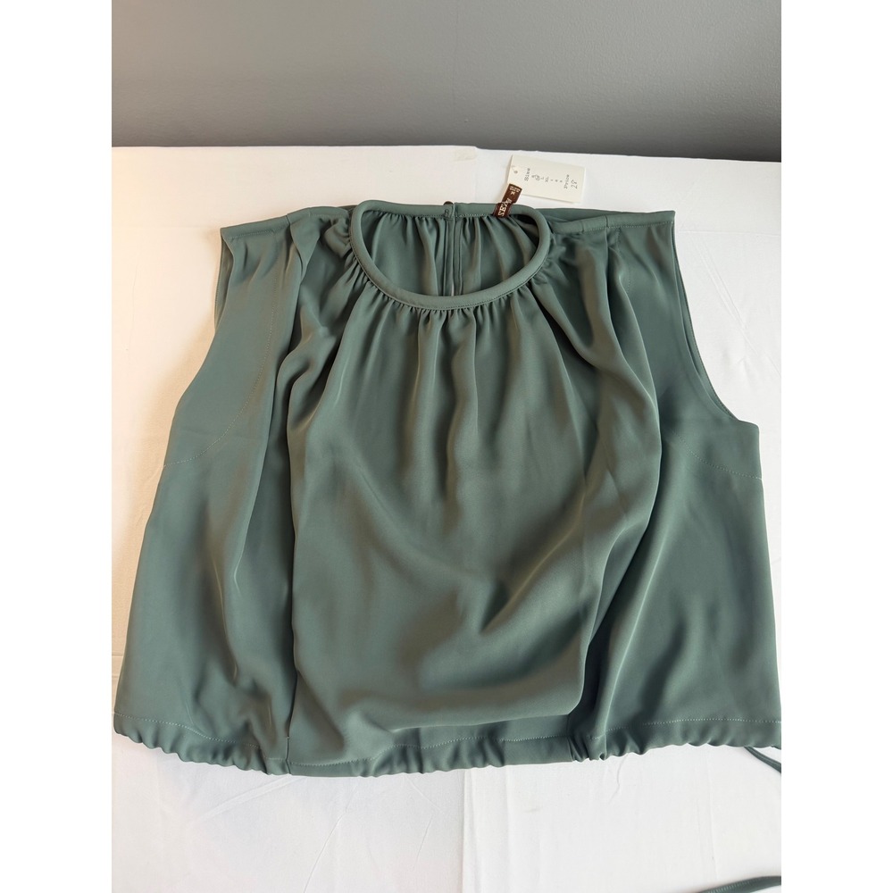 Zenana Blouse‎ Women Medium Green Sleeveless Padded Shoulder Drawstring Hem